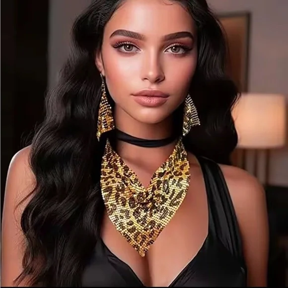 New! Set! Gold and Brown Leopard Necklace Set adjustable - Picture 2 of 3